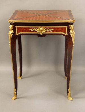 Wonderful Late 19th Century Gilt Bronze Mounted Parquetry Envelope Game Table by Francois Linke