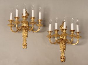 A Pair of Early 20th Century Gilt Bronze Five Light Sconces
