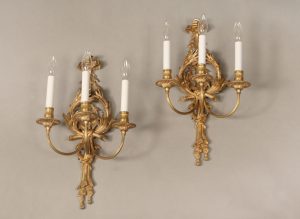 A Pair of Late 19th Century Gilt Bronze Three Light Sconces