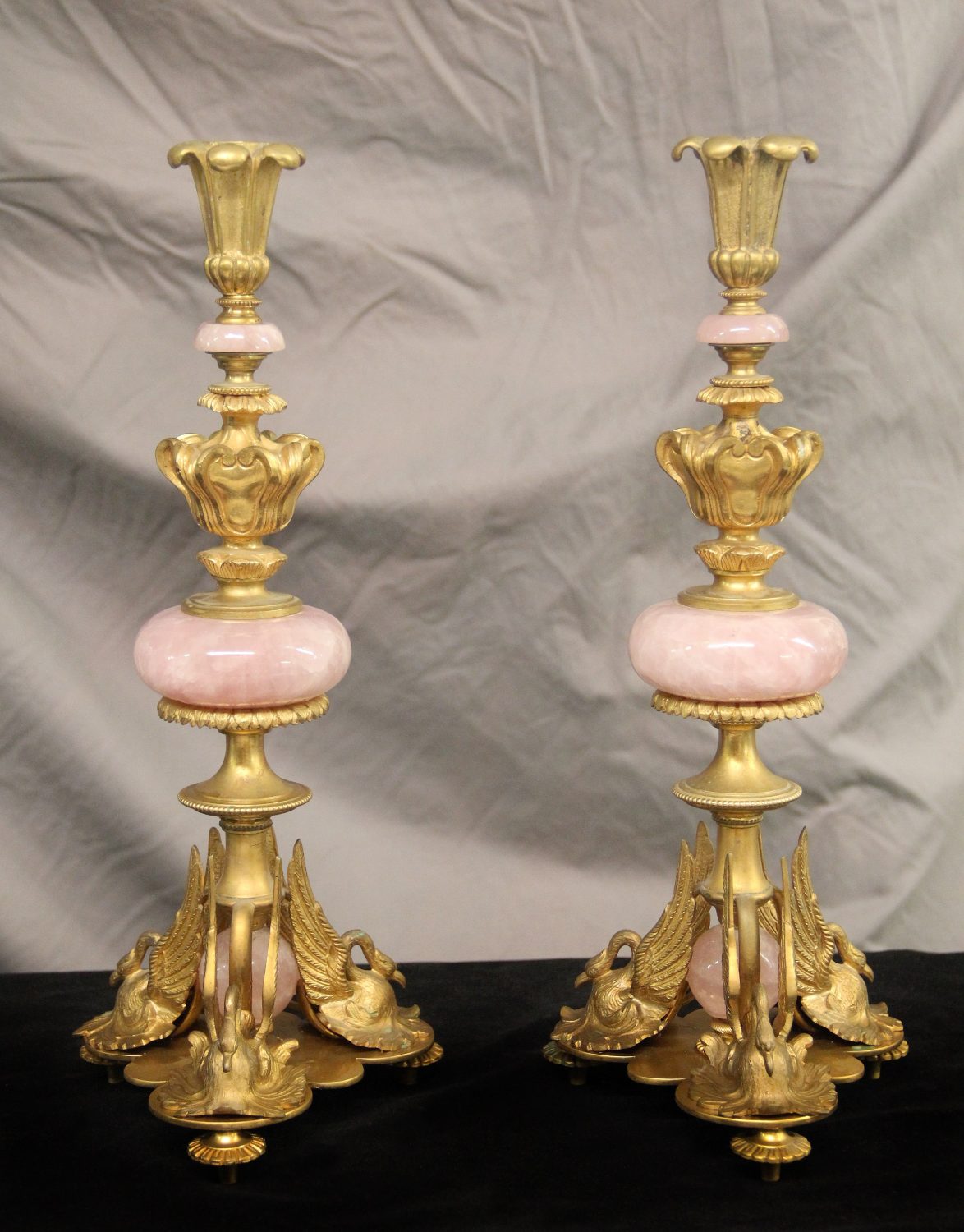 A Fine Pair of Early 20th Century Gilt Bronze and Rose Quartz Candelabra