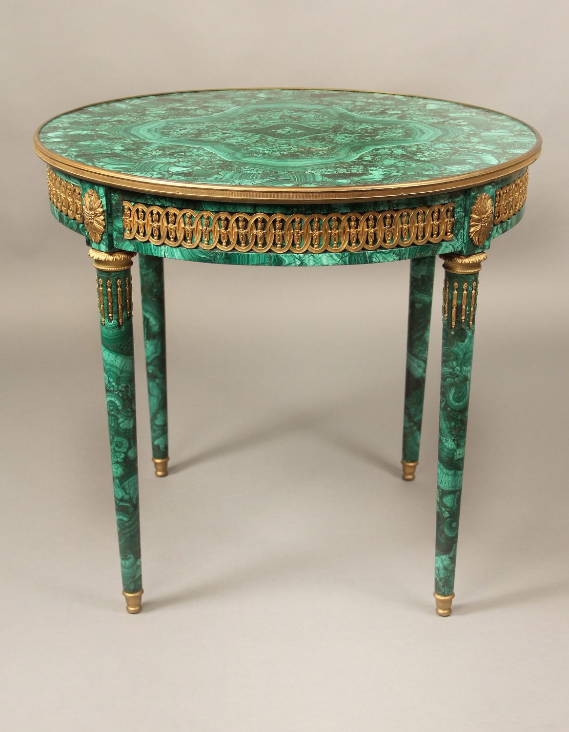 A Wonderful Late 19th Century Gilt Bronze Mounted Louis XVI Style Malachite Center Table
