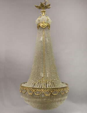 A Beautiful Late 19th Century Gilt Bronze Beaded Fourteen Light Drop Crystal Chandelier