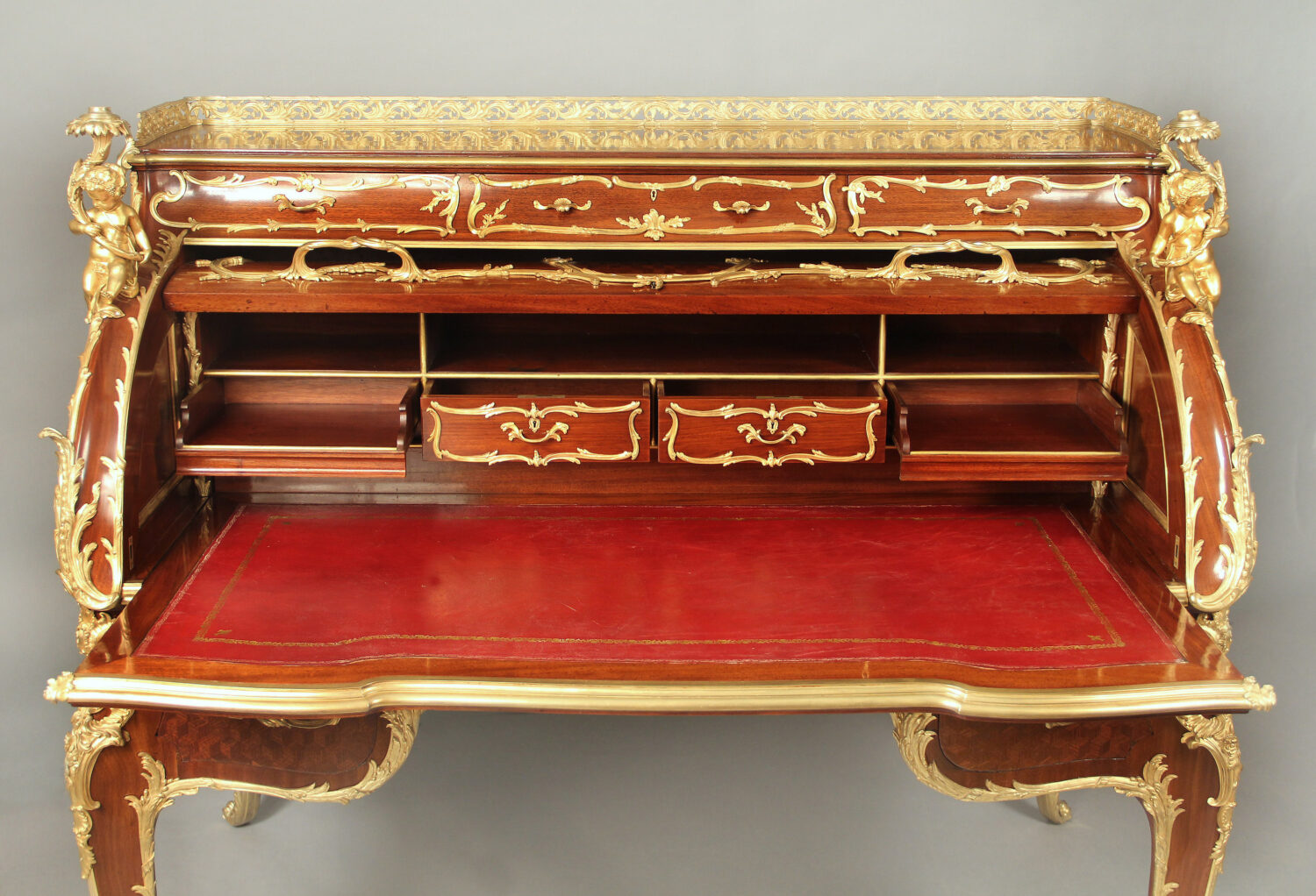 A Very Special and Palatial Early 20th Century Louis XV Style Gilt Bronze Mounted Mahogany and Bois Satine Parquetry Bureau a Cylindre By François Linke - Image 11