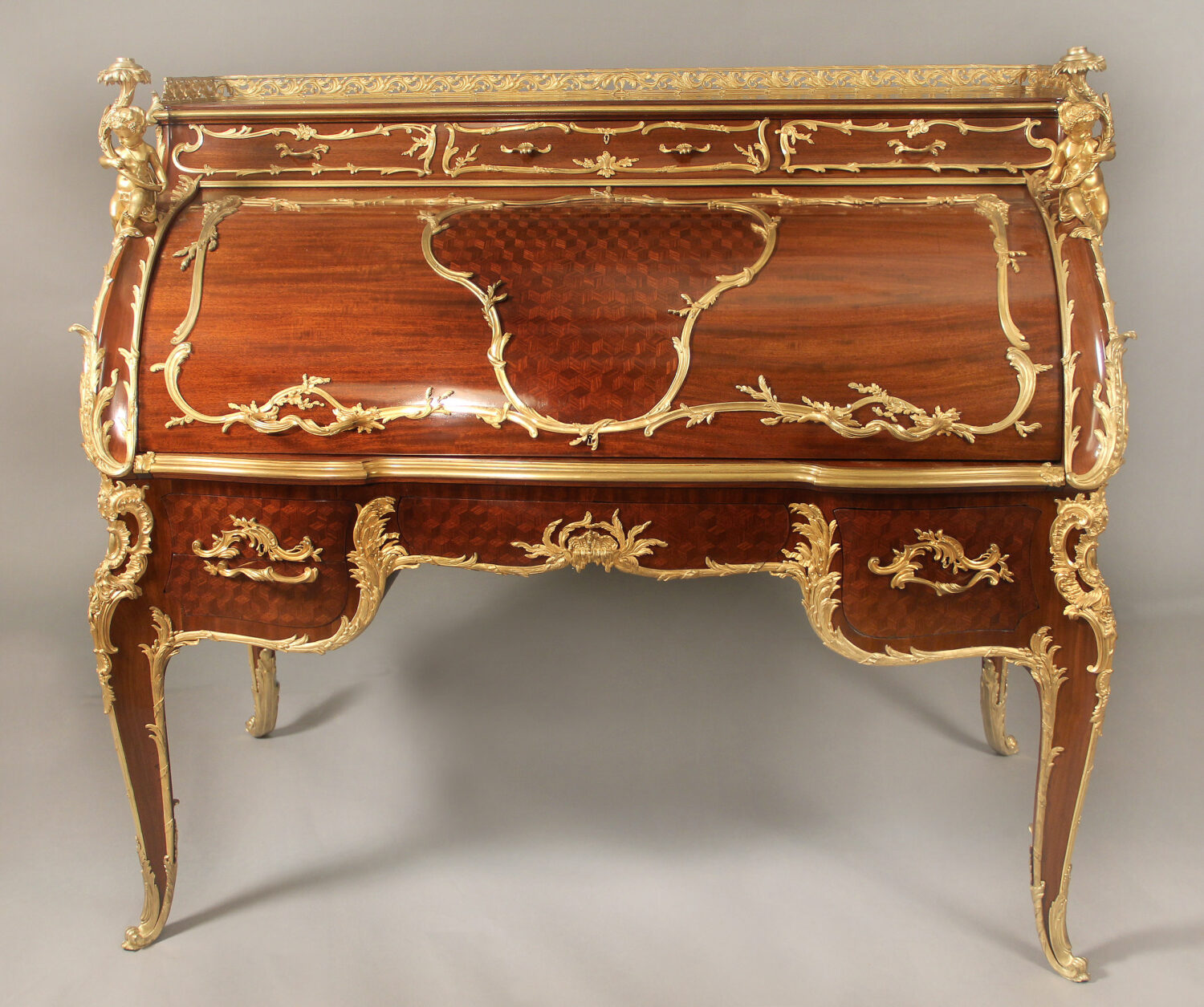 A Very Special and Palatial Early 20th Century Louis XV Style Gilt Bronze Mounted Mahogany and Bois Satine Parquetry Bureau a Cylindre By François Linke - Image 2
