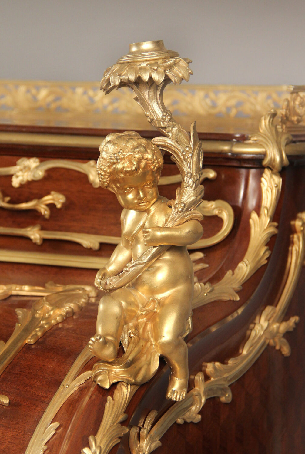 A Very Special and Palatial Early 20th Century Louis XV Style Gilt Bronze Mounted Mahogany and Bois Satine Parquetry Bureau a Cylindre By François Linke - Image 5
