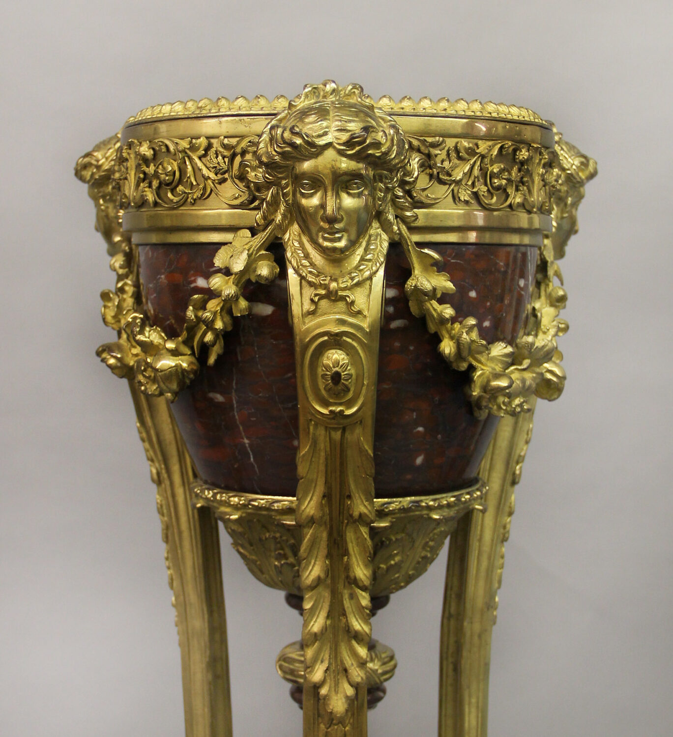 An Excellent Quality Pair of Late 19th Century Regence Style Napoleon III Gilt Bronze and Rouge Griotte Marble Jardinieres-on-stands - Image 2
