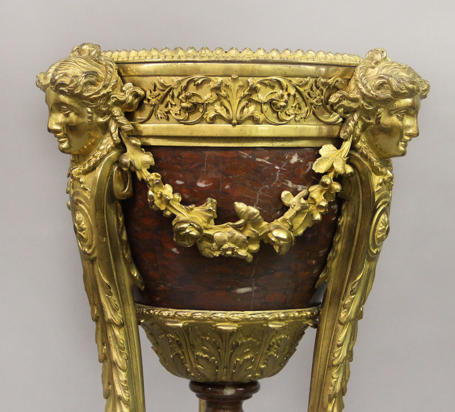 An Excellent Quality Pair of Late 19th Century Regence Style Napoleon III Gilt Bronze and Rouge Griotte Marble Jardinieres-on-stands - Image 3