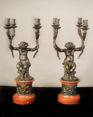 An Interesting and Fine Pair of Late 19th Century Patinated Bronze and Marble Four Light Candelabra
