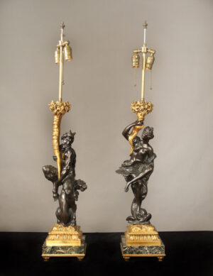 A Fantastic Pair of Early 20th Century Gilt and Patinated Bronze and Marble Figural Candelabra By Caldwell