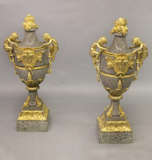 An Excellent Quality Pair of Large Late 19th Century Gilt Bronze Mounted Granite Vases