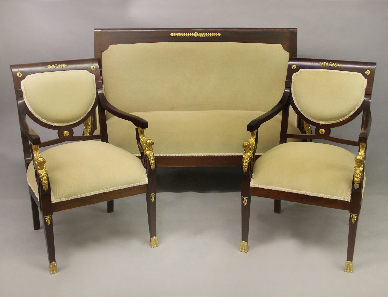 A Nice Late 19th / Early 20th Century Gilt Bronze Mounted Empire Style Three Piece Parlor Set