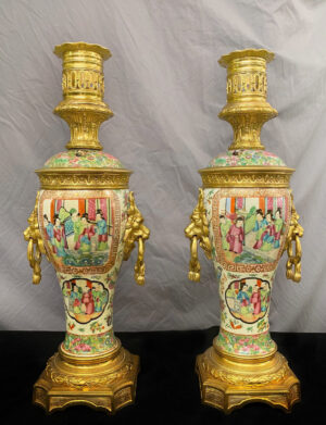 A Nice Pair of Late 19th Century French Gilt Bronze Mounted Chinese Canton Porcelain Lamps