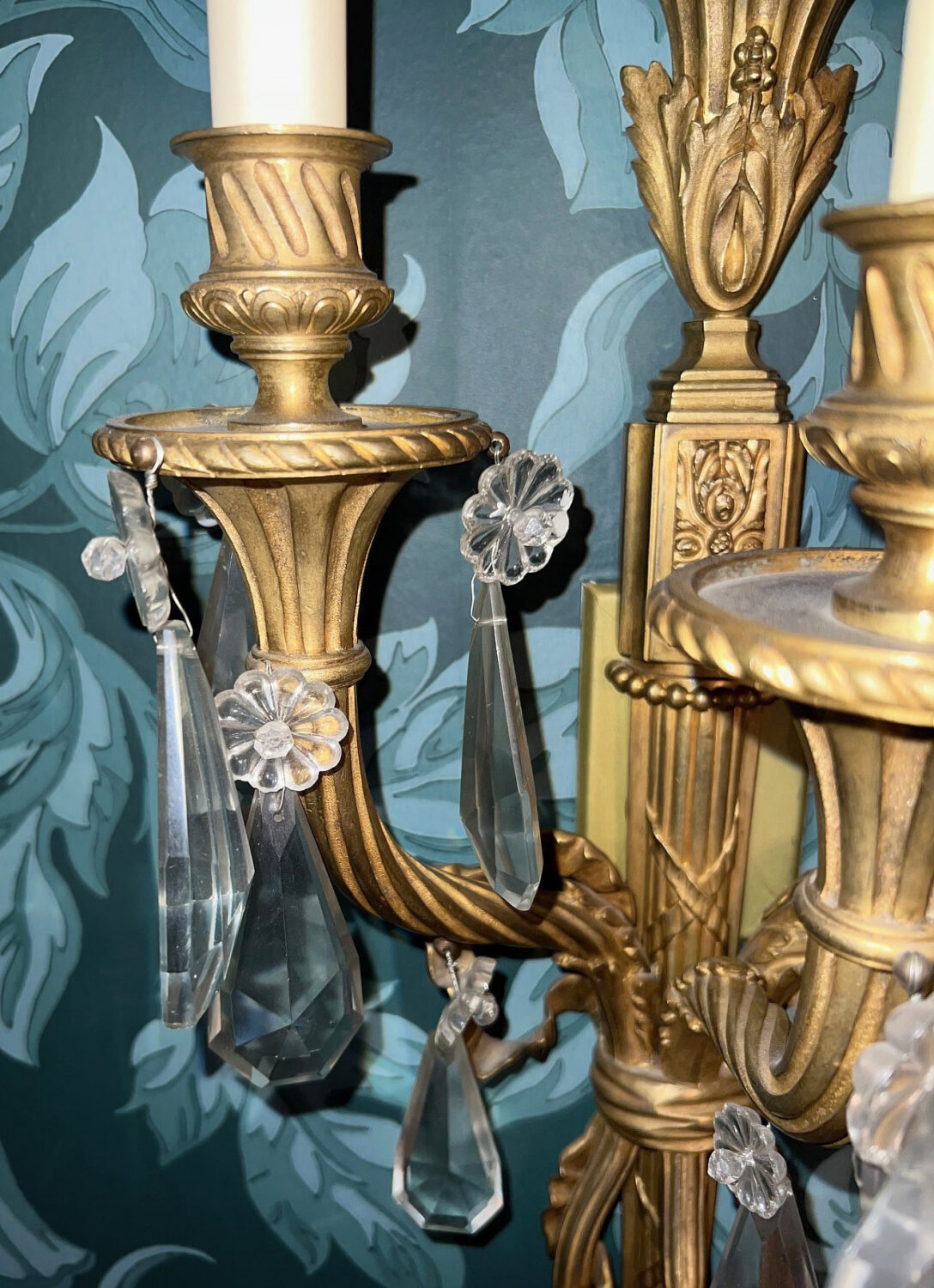 An Excellent Pair of Late 19th Century Gilt Bronze and Crystal Three Light Sconces - Image 3