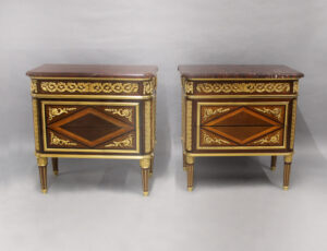 An Exceptional Matched Pair of Late 19th Century Gilt Bronze Mounted Louis XVI Style Parquetry Commodes/Night Stands By Maison Millet