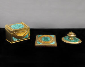 A Rare Early 19th Century Gilt Bronze and Malachite Three Piece Desk Set By Leuchars of London