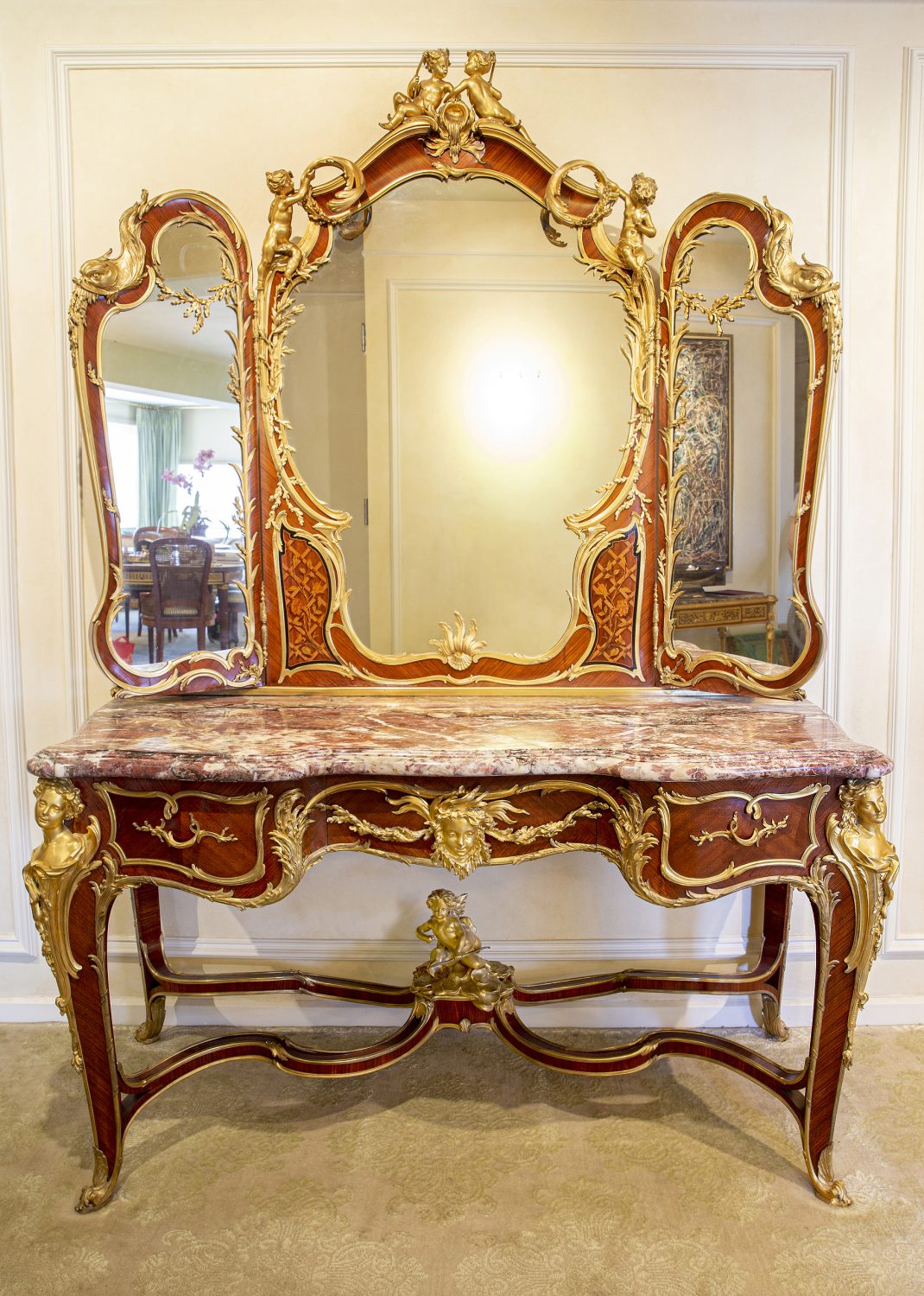 A Palatial and Rare Early 20th Century Belle Epoque Gilt Bronze, Kingwood, Bois Satiné and Fruitwood Marquetry Dressing Table By François Linke